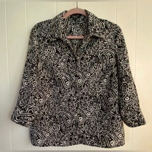 Elementz Blouse Women’s Large Black White Paisley Button Up Casual Office